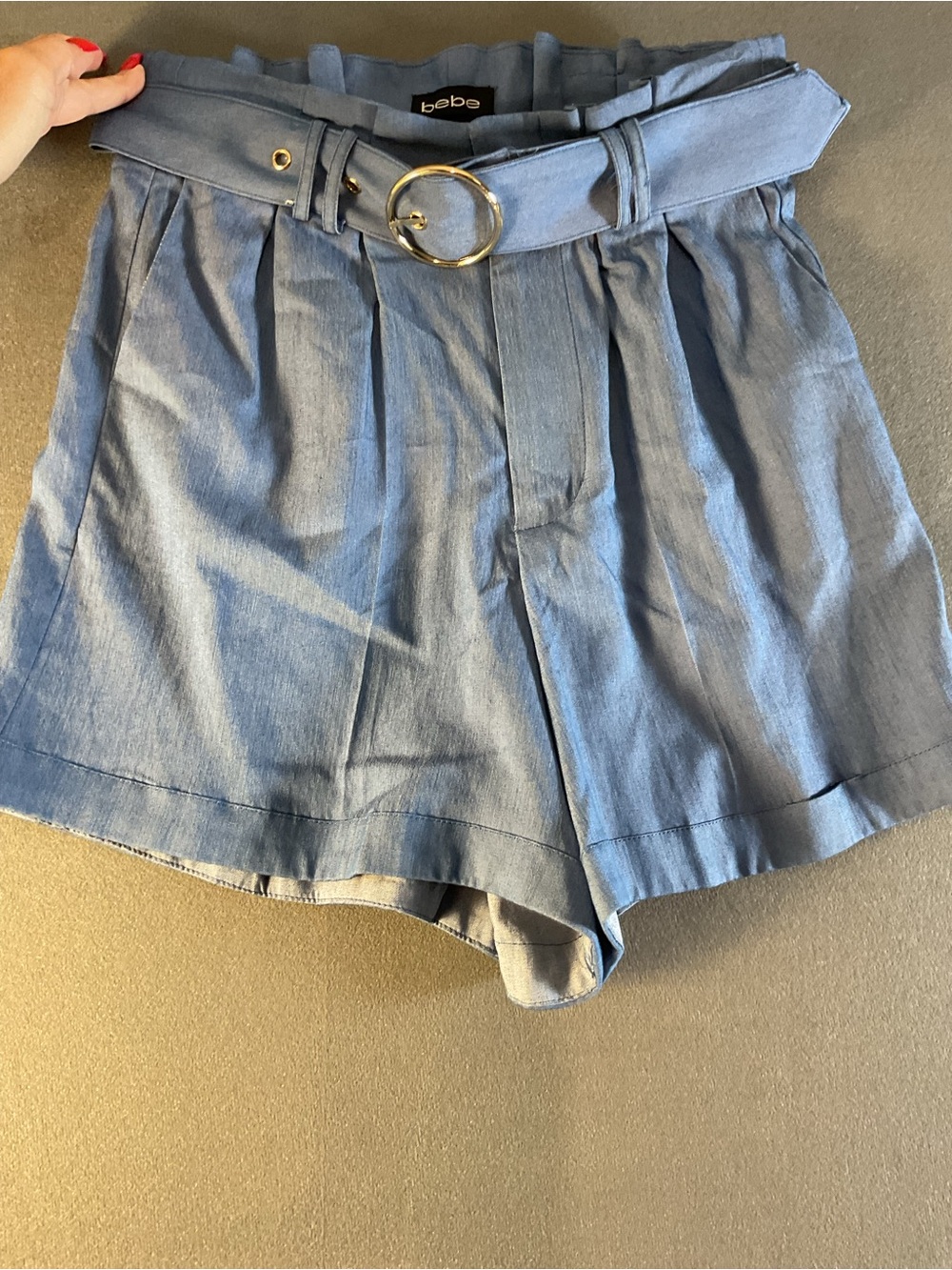 bebe Light Blue High Waist Paperbag Tie Shorts with Gold Ring